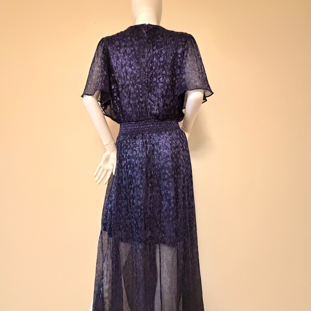 MSK Womens Navy Blue Metallic Pleated Maxi Dress V-Neck Smocked Waist Size L - Picture 3 of 8